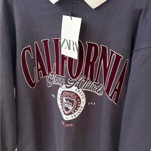 Zara Girls Navy Sweatshirt with Burgundy Lettering and Cream Collar